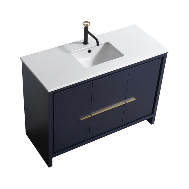 Kube Bath Dolce 48″ Blue Modern Floor Mount Single Sink Bathroom Vanity With 2 Doors and 2 Drawers and White Quartz Countertop Kube Bath