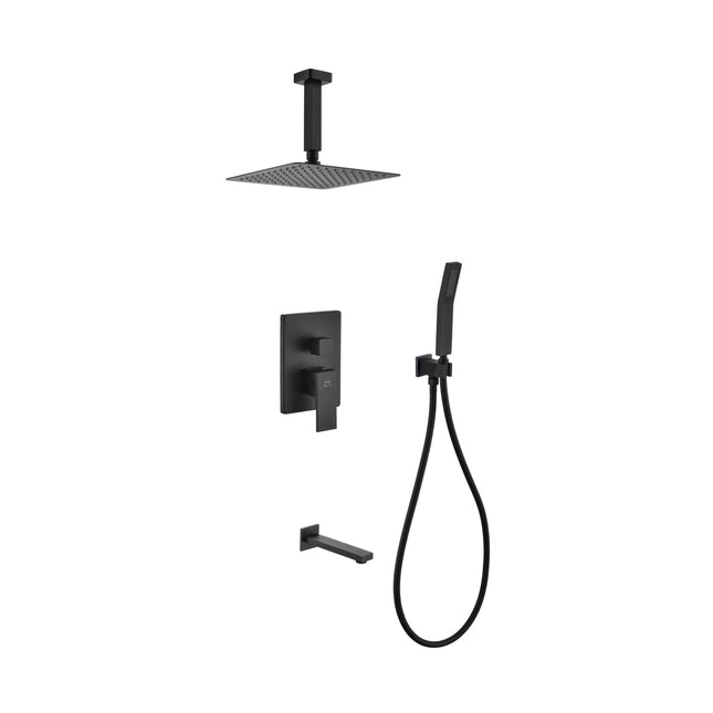 Kube Bath Aqua Piazza Black Shower Set With 8" Ceiling Mount Square Rain Shower, Handheld and Tub Filler Kube Bath