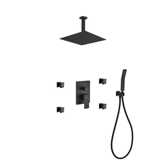 Kube Bath Aqua Piazza Black Shower Set With 12" Ceiling Mount Square Rain Shower, 4 Body Jets and Handheld Kube Bath