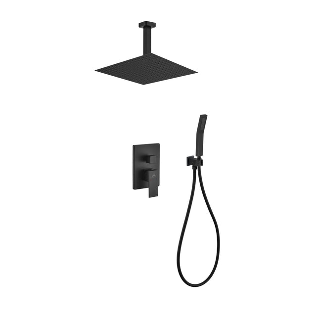 Kube Bath Aqua Piazza Black Shower Set With 12" Ceiling Mount Square Rain Shower and Handheld Kube Bath