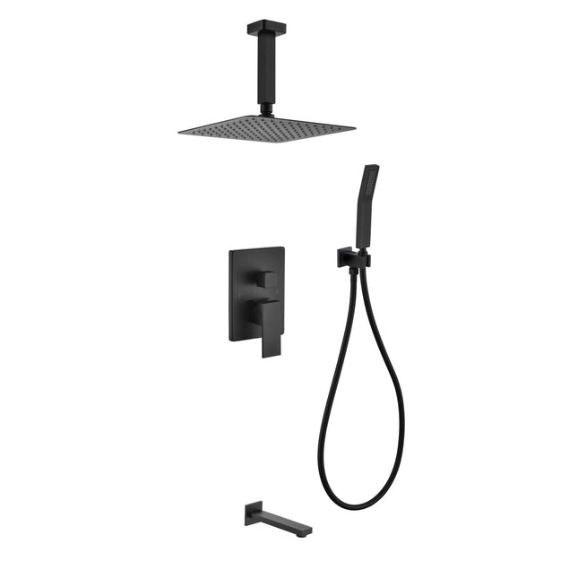 Kube Bath Aqua Piazza Black Shower Set With 12" Ceiling Mount Square Rain Shower, Handheld and Tub Filler Kube Bath