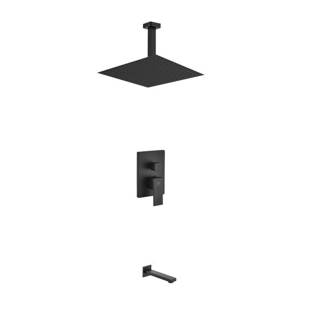 Kube Bath Aqua Piazza Black Shower Set With 12" Ceiling Mount Square Rain Shower and Tub Filler Kube Bath