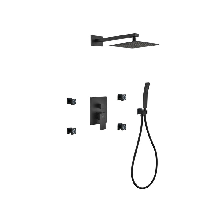 Kube Bath Aqua Piazza Black Shower Set With 8" Square Rain Shower, 4 Body Jets and Handheld Kube Bath