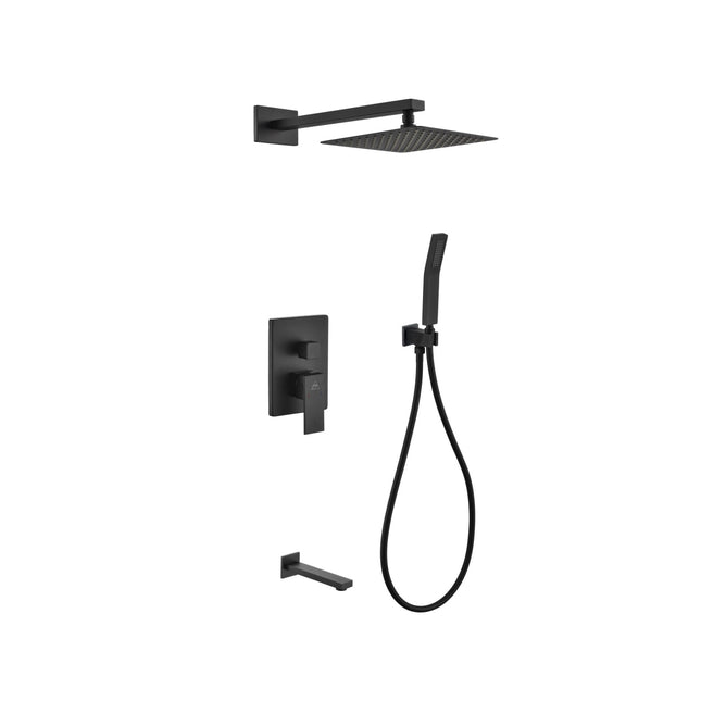 Kube Bath Aqua Piazza Black Shower Set With 8" Square Rain Shower, Tub Filler and Handheld Kube Bath