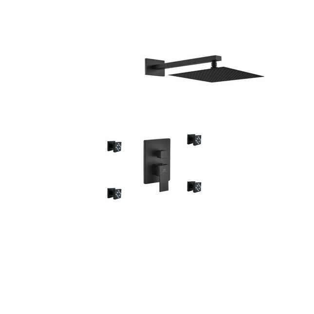 Kube Bath Aqua Piazza Black Shower Set With 12" Square Rain Shower and 4 Body Jets Kube Bath