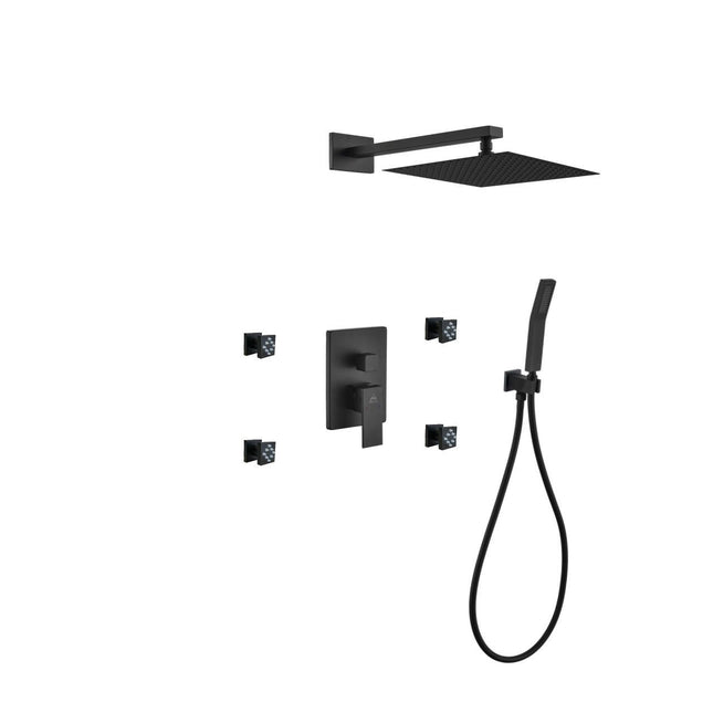 Kube Bath Aqua Piazza Black Shower Set With 12" Square Rain Shower, Handheld and 4 Body Jets Kube Bath