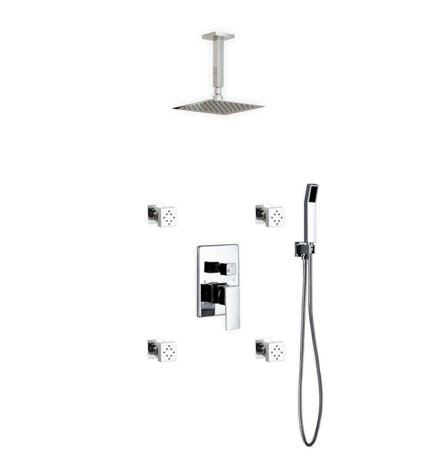 Kube Bath Aqua Piazza Shower Set With 8" Ceiling Mount Square Rain Shower, Handheld and 4 Body Jets Chrome Kube Bath