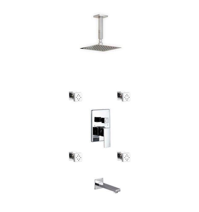 Kube Bath Aqua Piazza Shower Set With 8" Ceiling Mount Square Rain Shower, Tub Filler and 4 Body Jets Chrome Kube Bath