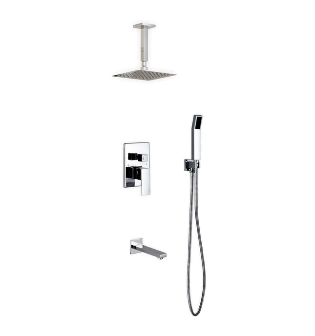 Kube Bath Aqua Piazza Shower Set With 8" Ceiling Mount Square Rain Shower, Handheld and Tub Filler Chrome Kube Bath