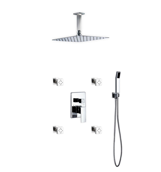 Kube Bath Aqua Piazza Shower Set With 12" Ceiling Mount Square Rain Shower, 4 Body Jets and Handheld Chrome Kube Bath