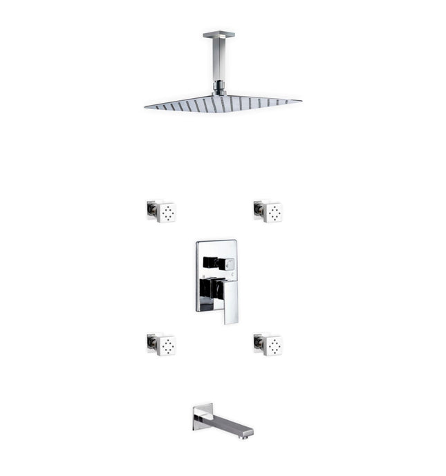 Kube Bath Aqua Piazza Shower Set With 12" Ceiling Mount Square Rain Shower, Tub Filler and 4 Body Jets Chrome Kube Bath