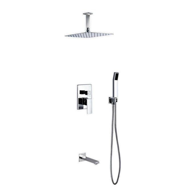 Kube Bath Aqua Piazza Shower Set With 12" Ceiling Mount Square Rain Shower, Handheld and Tub Filler Chrome Kube Bath