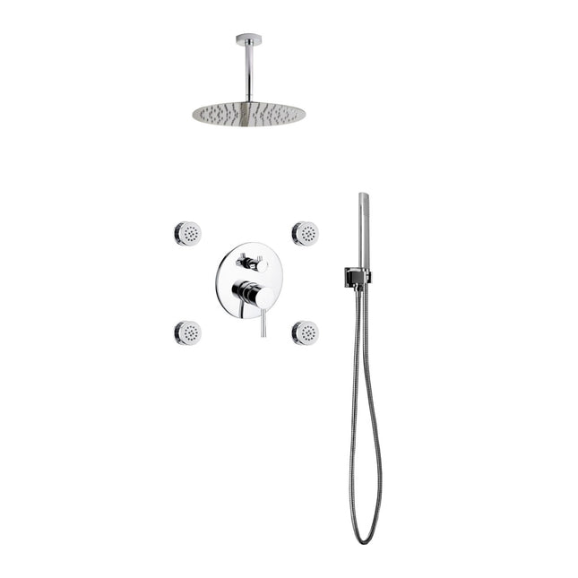 Kube Bath Aqua Rondo Chrome Brass Shower Set With 12" Round Rain Shower, 4 Body Jets and Handheld Kube Bath