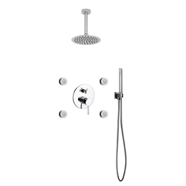 Kube Bath Aqua Rondo Chrome Brass Shower Set With 8" Round Rain Shower, 4 Body Jets and Handheld Kube Bath