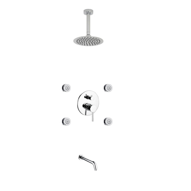 Kube Bath Aqua Rondo Chrome Brass Shower Set With 8" Round Rain Shower, 4 Body Jets and Tubfiller Kube Bath