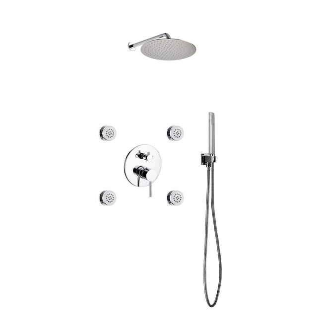 Kube Bath Aqua Rondo Chrome Brass Shower Set With 12" Round Rain Shower, 4 Body Jets and Handheld Kube Bath