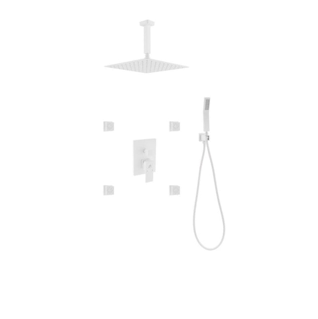 Kube Bath Aqua Piazza White Shower Set W/ 12″ Ceiling Mount Square Rain Shower, 4 Body Jets and Handheld Kube Bath