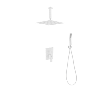 Kube Bath Aqua Piazza White Shower Set W/ 12″ Ceiling Mount Square Rain Shower and Handheld Kube Bath