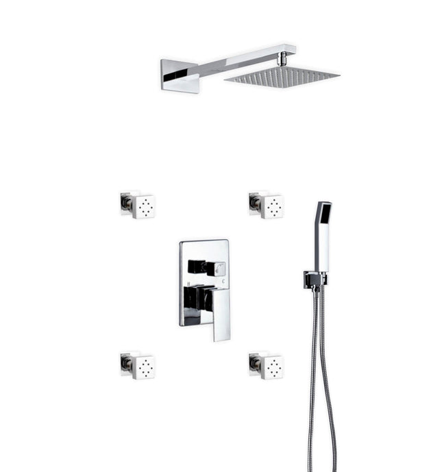 Kube Bath Aqua Piazza Shower Set With 8" Square Rain Shower, 4 Body Jets and Handheld Chrome Kube Bath