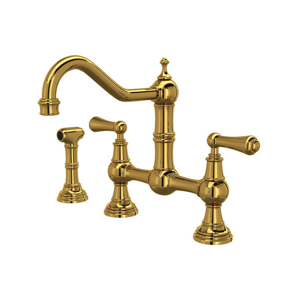 Perrin & Rowe Edwardian Bridge Kitchen Faucet With Sidespray - Unlacquered Brass With Metal Lever Handle U.4756L-ULB-2 Perrin & Rowe