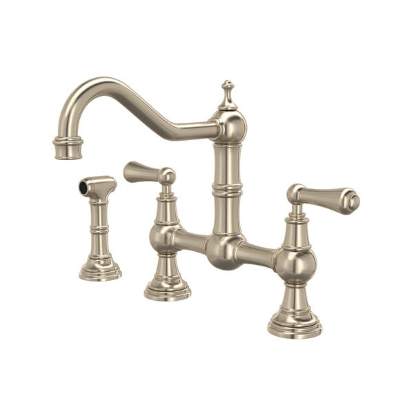 Perrin & Rowe Edwardian Bridge Kitchen Faucet With Sidespray - Satin Nickel With Metal Lever Handle U.4756L-STN-2 Perrin & Rowe