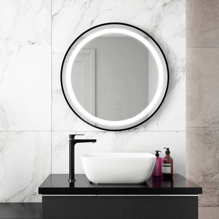 Kalia EFFECT Ø30" LED Illuminated Round Mirror with Frosted Strip, Black Frame and Touch-Switch for Color Temperature Control Kalia