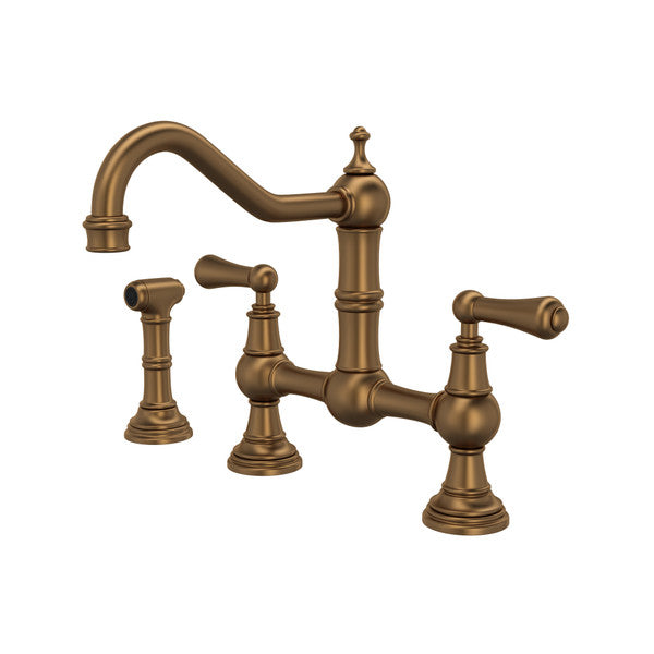 Perrin & Rowe Edwardian Bridge Kitchen Faucet With Sidespray - English Bronze With Metal Lever Handle U.4756L-EB-2 Perrin & Rowe