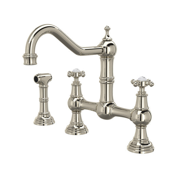 Perrin & Rowe Edwardian Bridge Kitchen Faucet With Sidespray - Polished Nickel With Cross Handle U.4755X-PN-2 Perrin & Rowe