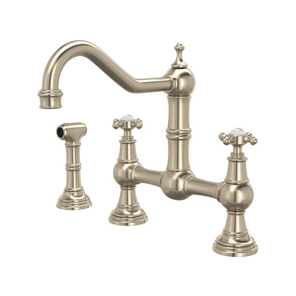 Perrin & Rowe Edwardian Bridge Kitchen Faucet With Sidespray - Satin Nickel With Cross Handle U.4755X-STN-2 Perrin & Rowe