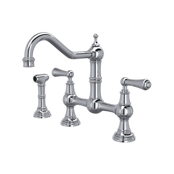 Perrin & Rowe Edwardian Bridge Kitchen Faucet With Sidespray - Polished Chrome With Metal Lever Handle U.4756L-APC-2 Perrin & Rowe