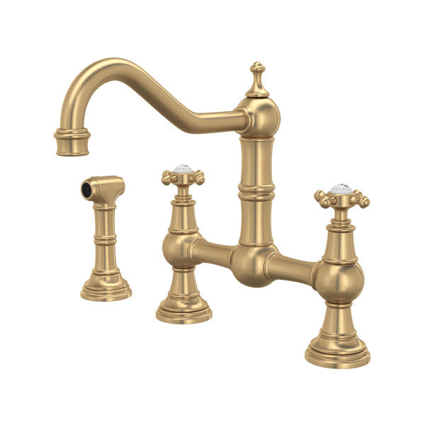 Perrin & Rowe Edwardian Bridge Kitchen Faucet With Sidespray - Satin English Gold With Cross Handle U.4755X-SEG-2 Perrin & Rowe